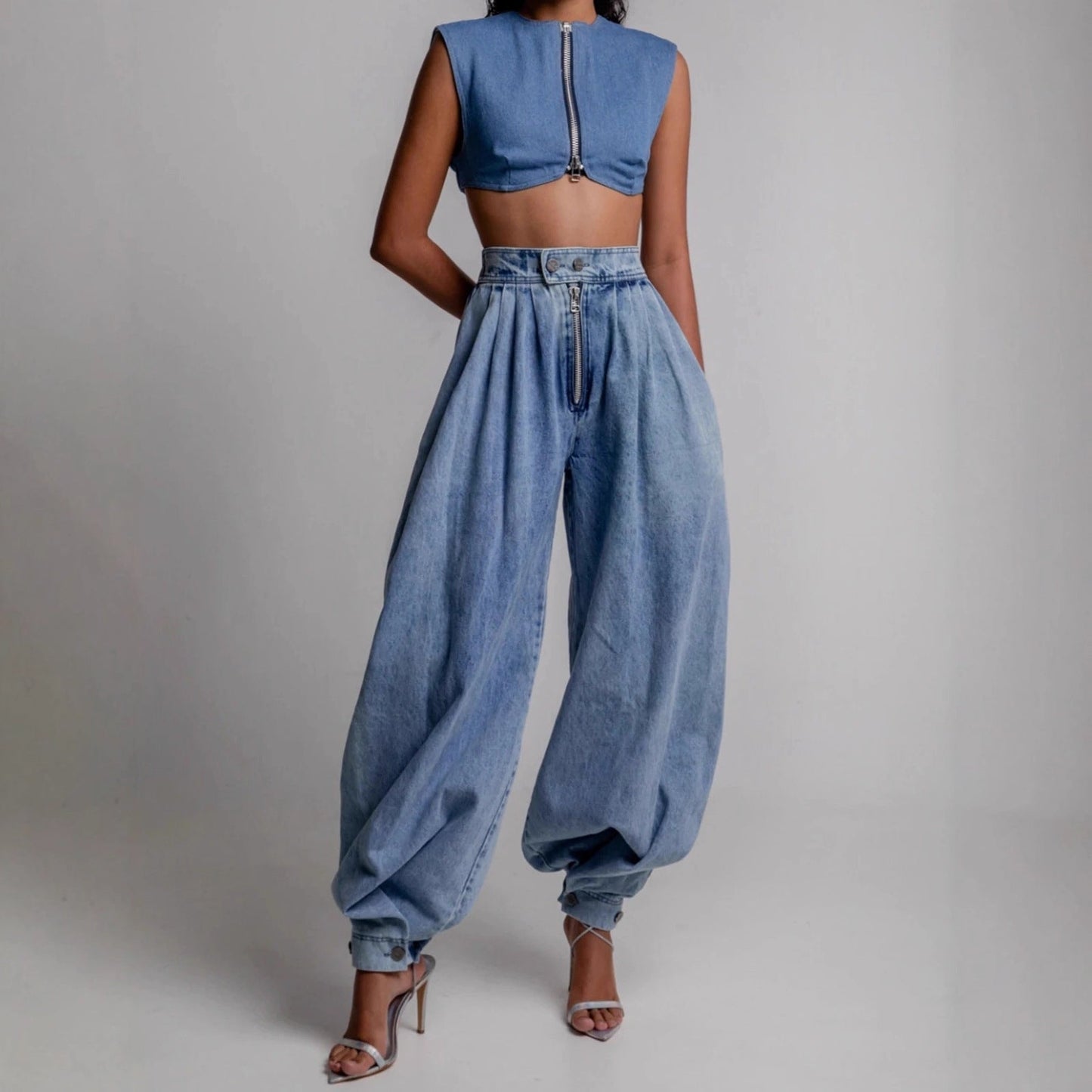 High Waisted Leg-Tie Jeans – Zipper Detail Button Closure Long Pants