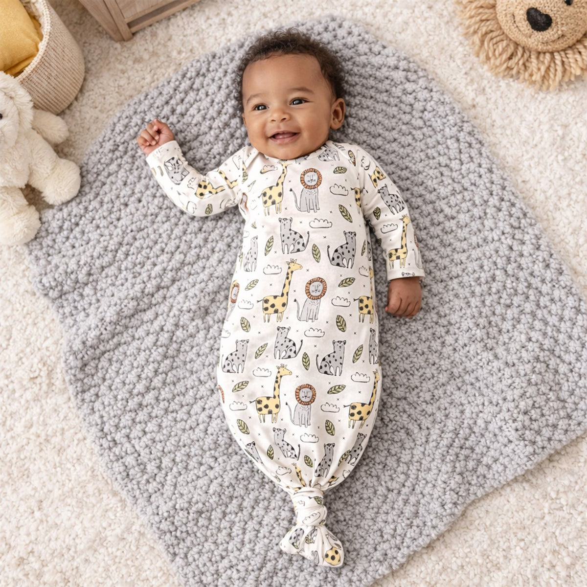 Safari Snuggles Bamboo Baby Knotted Gown Jungle Print