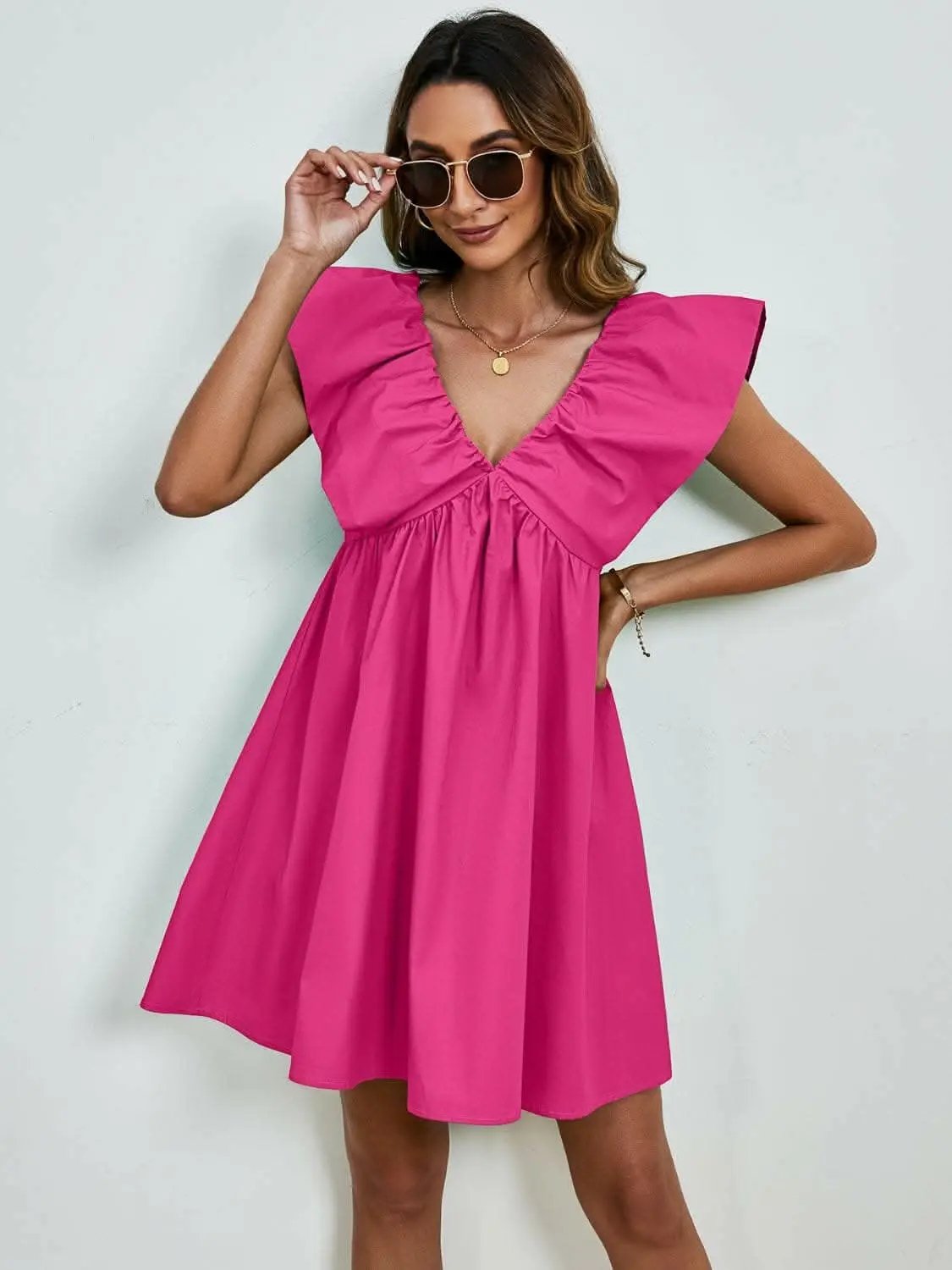 Trendsi V-neck cap sleeve mini dress