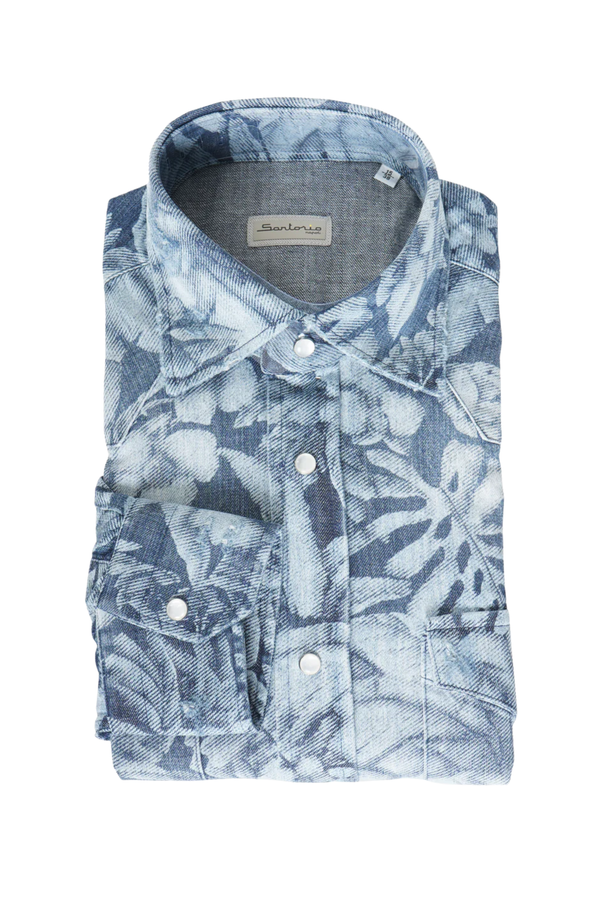 Sartorio Floral Denim Snap Button Cotton Overshirt