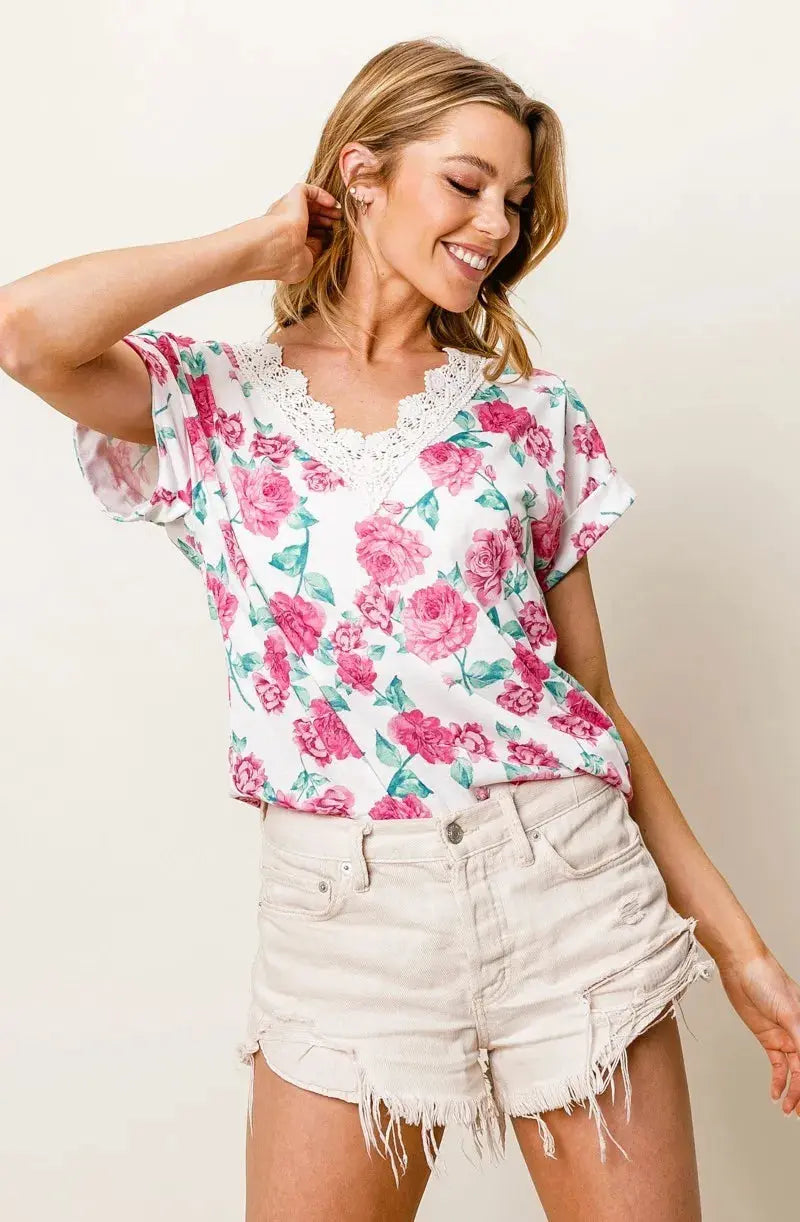 Women's Tee - Rose Print & Crochet Lace - Soft Casual Top