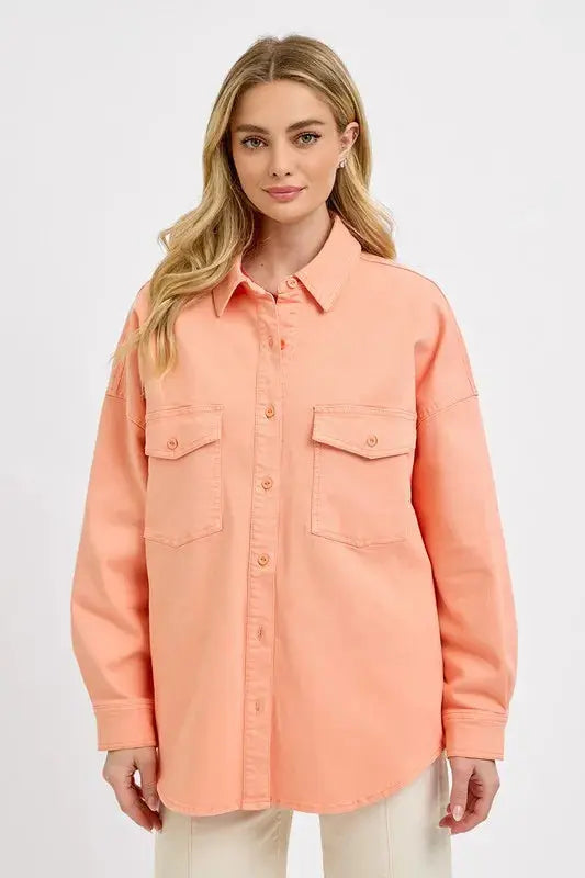 Plus Size Denim Shacket - Button Down - Casual Long Sleeve