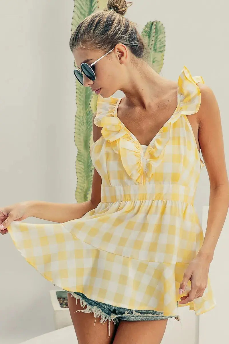 Plaid Peplum Top - Ruffled Sleeveless Tank - Cute Women's Style