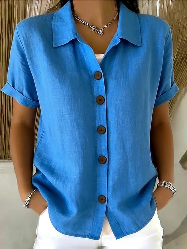 Shirt Collar Short Sleeve Button Top – Loose Fit Cotton-Linen Casual