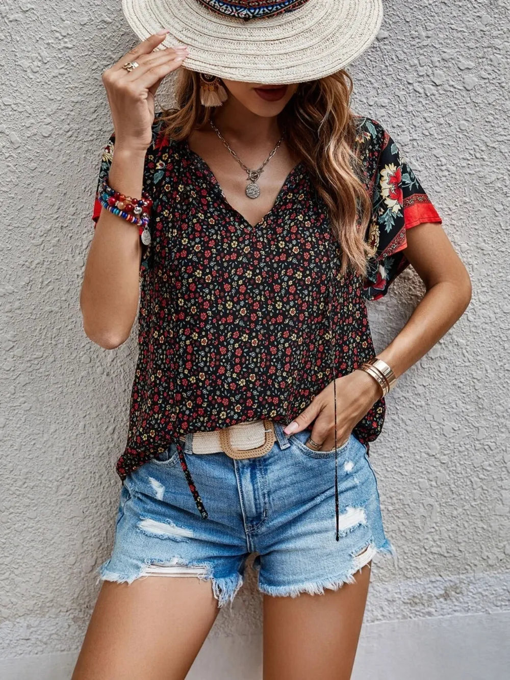 Printed Tie Neck Short Sleeve Blouse – Feminine Everyday Style