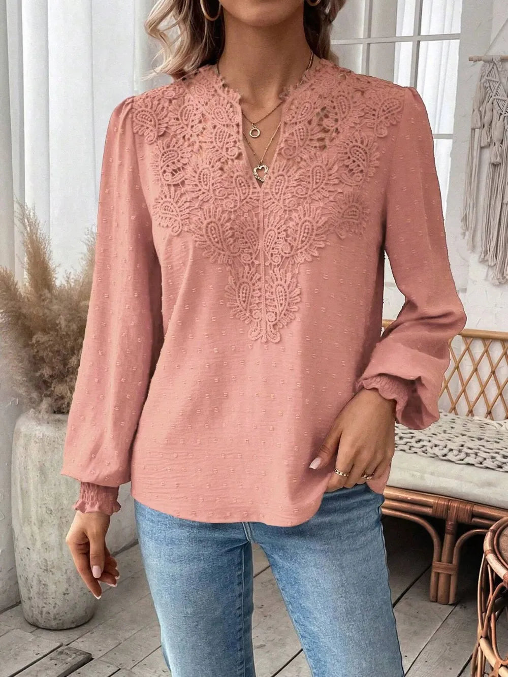 Swiss Dot Lace Detail Notched Long Sleeve Blouse – Feminine Style