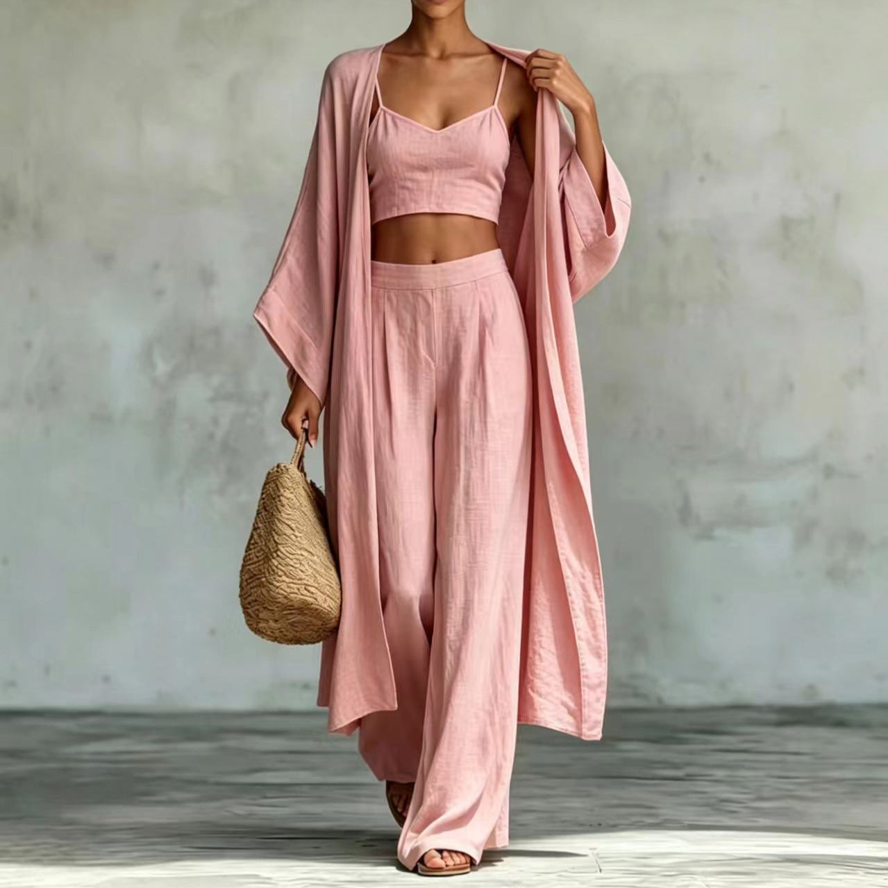 Loose Cardigan & Strap Top High Waist Wide Leg Pants Set – 3-Piece