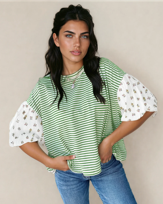 Aviva Puff Sleeve Patchwork Round Neck Loose Top - Green