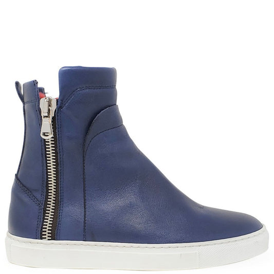 Navy Leather Double Zip Shearling Boot