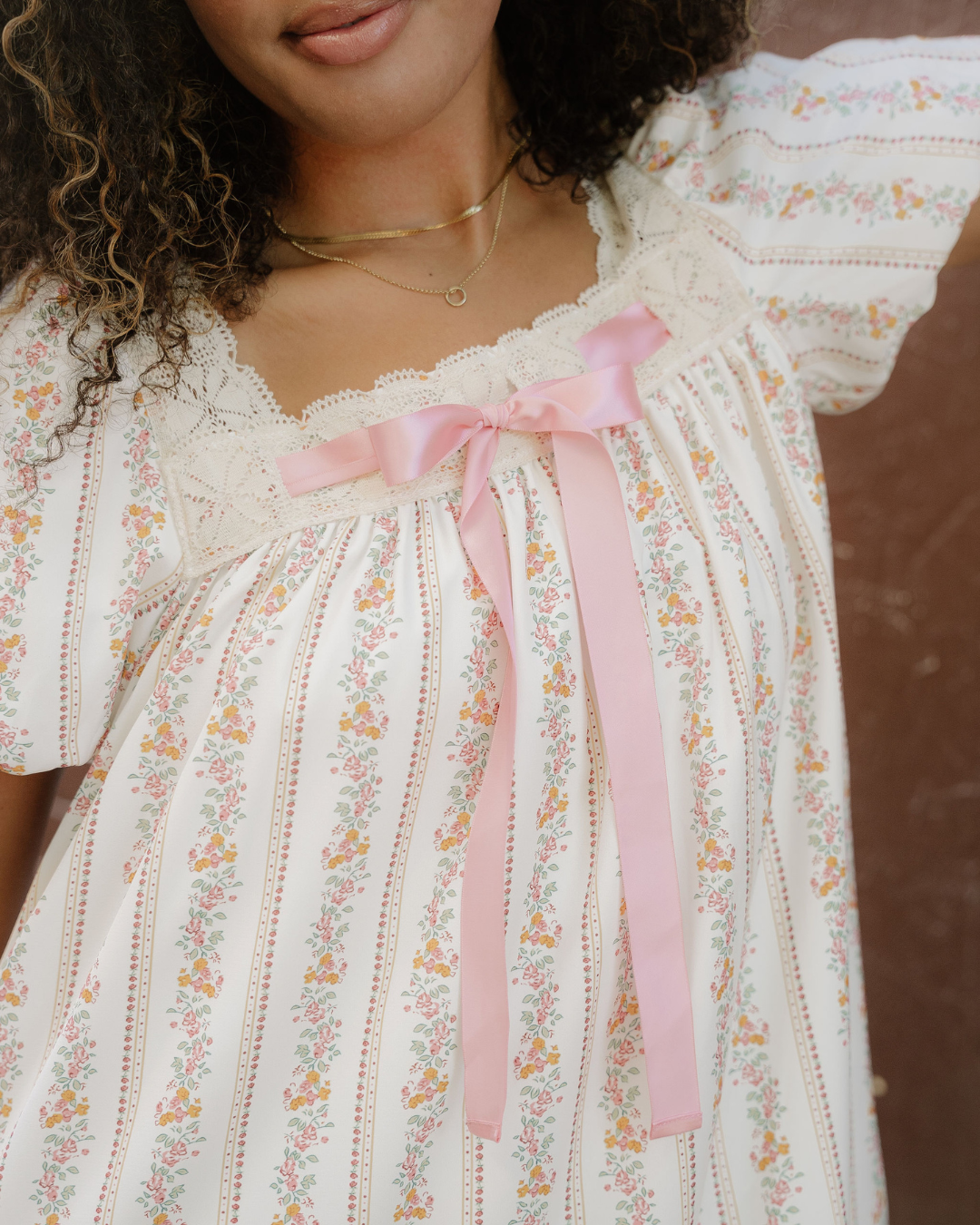 Birdie Ribbon Bow Lace Trim Square Neck Mini Dress