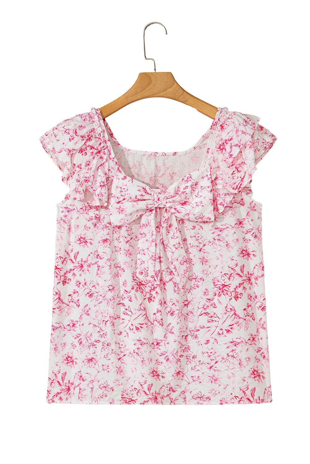 Love Salve Pink Floral Blouse Daily/Vacation Women's Top Ruffle Sleeve Bow Back