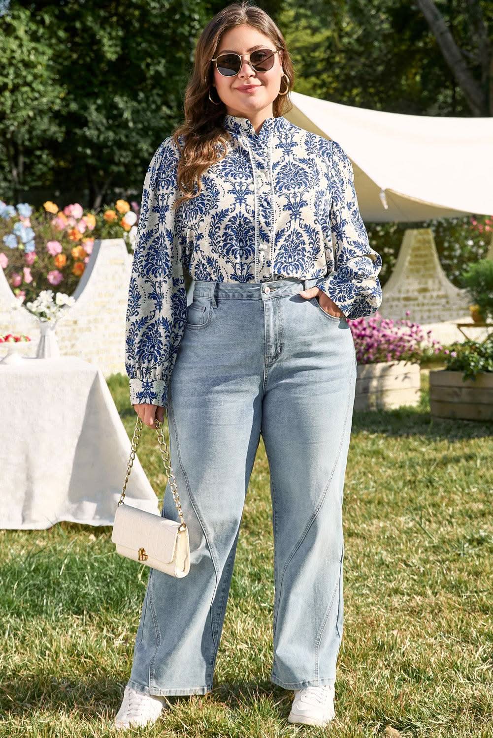 Love Salve Sky Blue Tribal Print Women's Plus Shirt Versatile Style Fashion Top