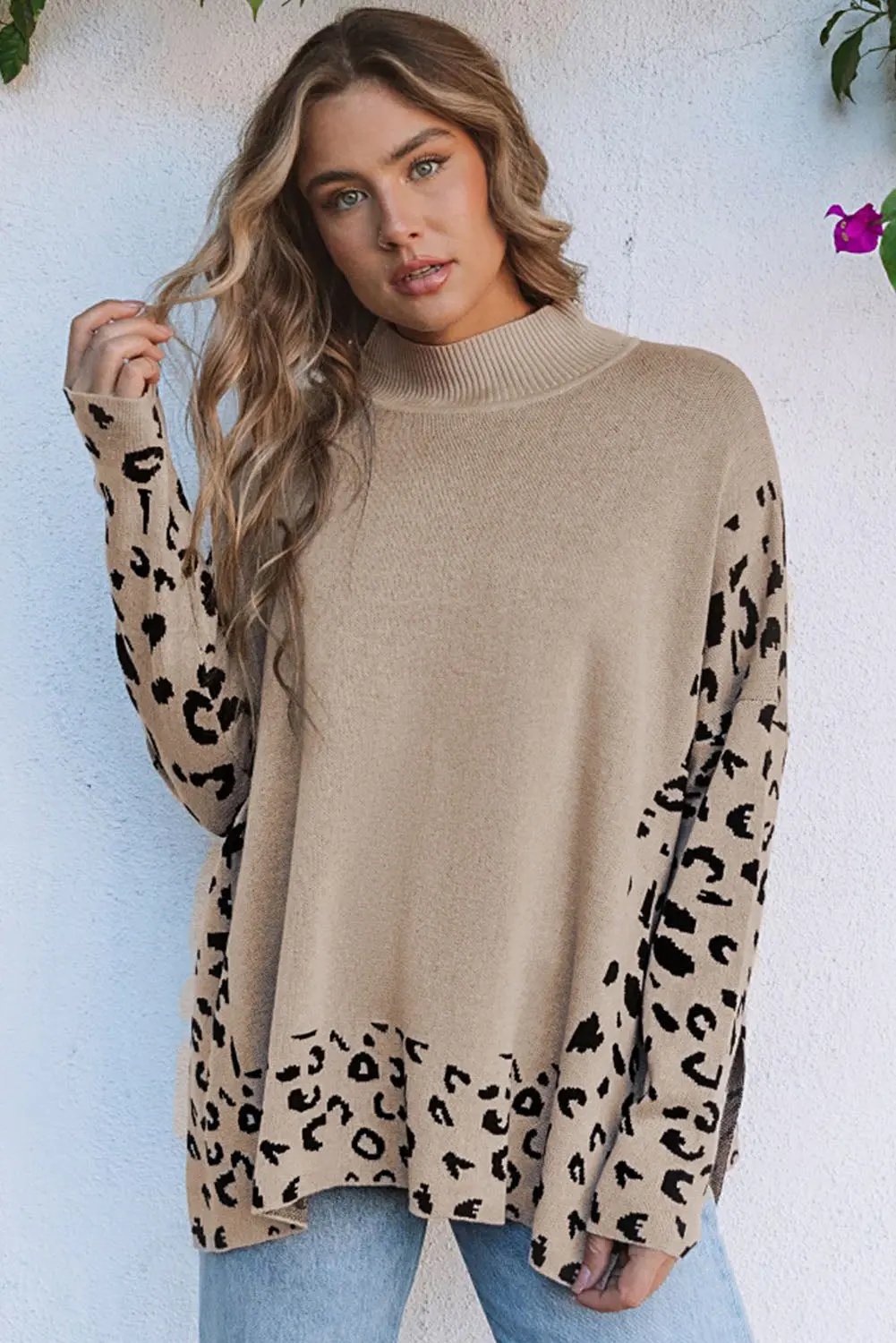 Women's Sweater - Leopard Print High Neck Side Slit - Oversized Daily