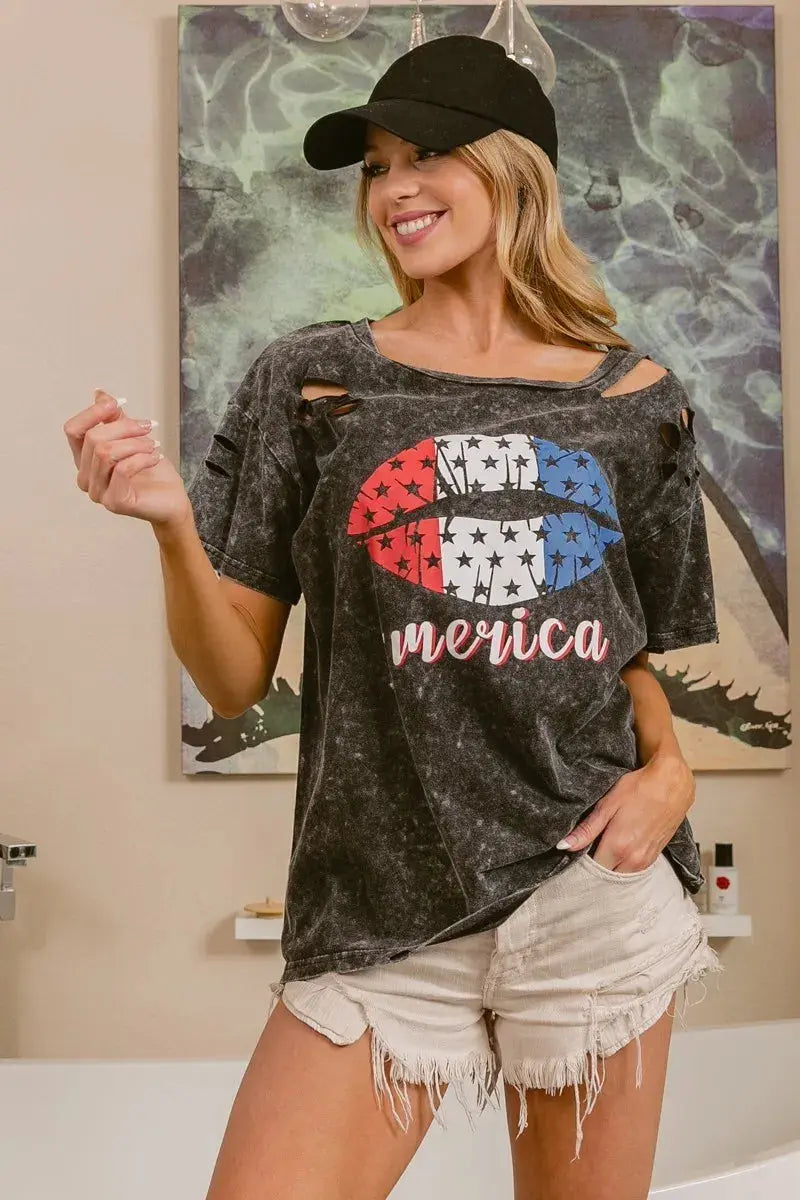 Women's Tee - Laser Cut Patriotic Lip Print - Mineral Wash Graphic