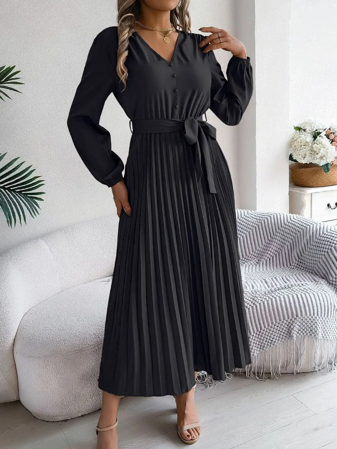 Trendsi V-Neck Dress Women's Elegant Long Sleeve Sheer Tie Dress Fashion