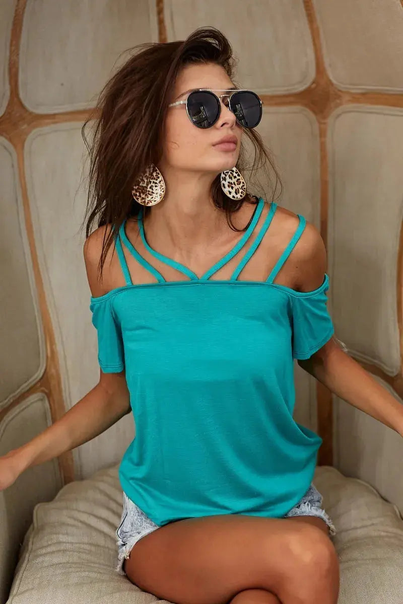 Rayon Top - Soft Lace-Up Shoulder - Casual Tee