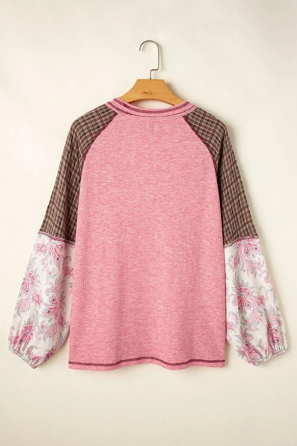 Love Salve Fushia Patchwork Top Women's Casual Knit Top: Ribbed & Raglan