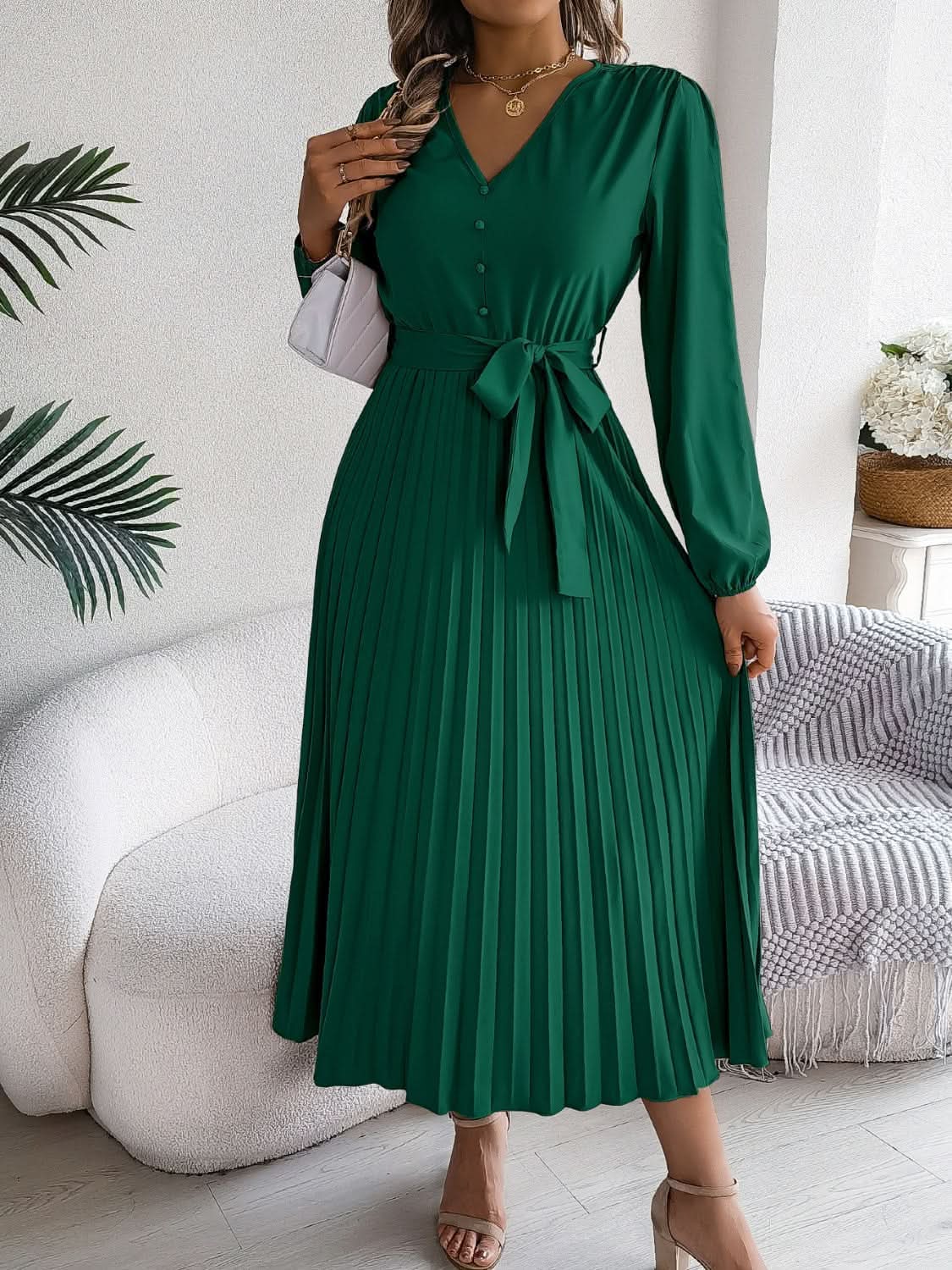 Trendsi V-Neck Dress Women's Elegant Long Sleeve Sheer Tie Dress Fashion
