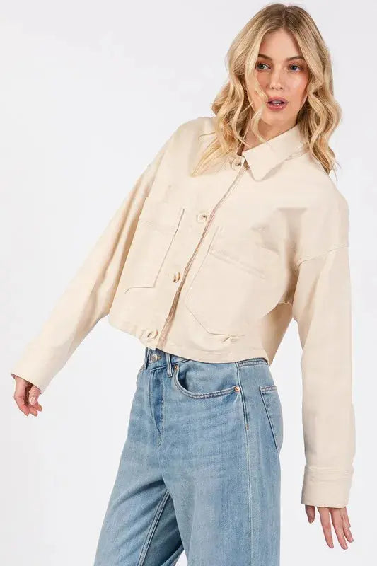 Denim Jacket - Cropped Button Down with Pockets - Cream Women's