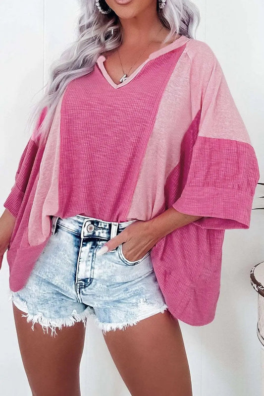 Oversize Top - Pink Colorblock 3/4 Sleeve - Chic Fashion