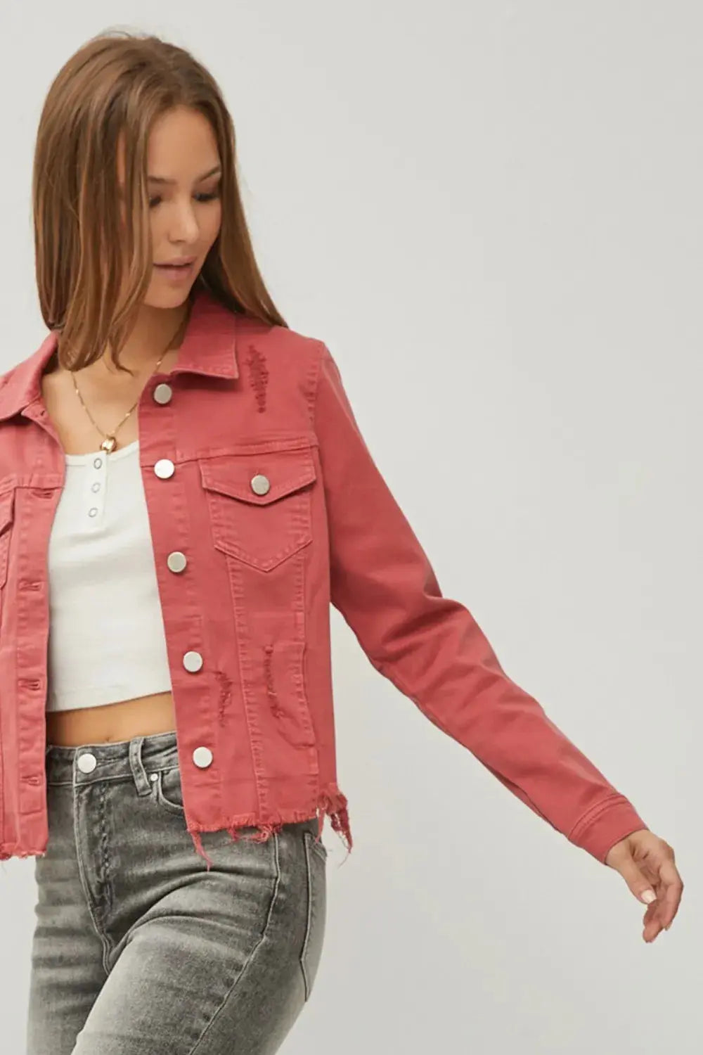 Denim Jacket - Plus Size Cropped Raw Hem - Button Up Top