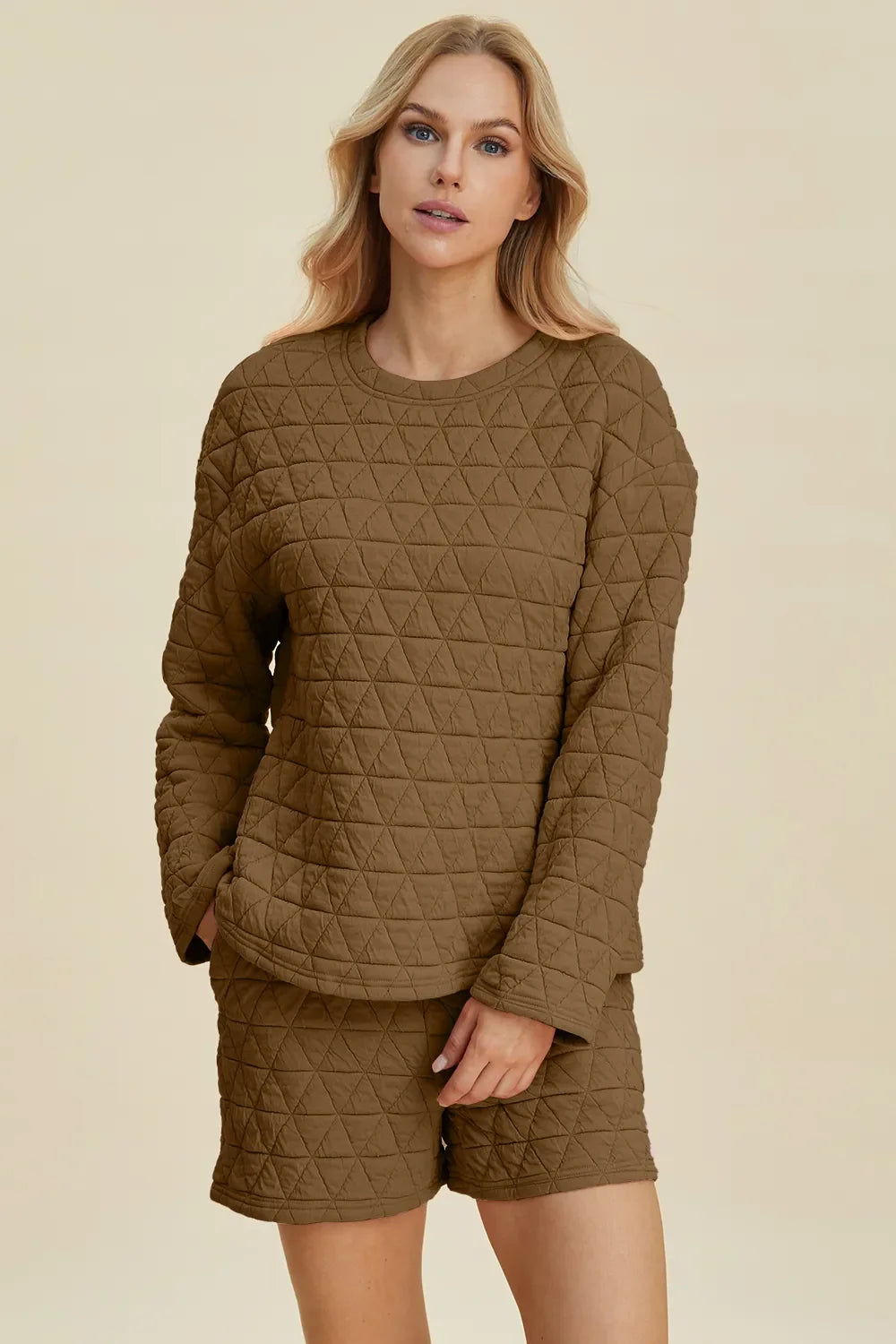 Double Take Textured Long Sleeve Top & Shorts Set