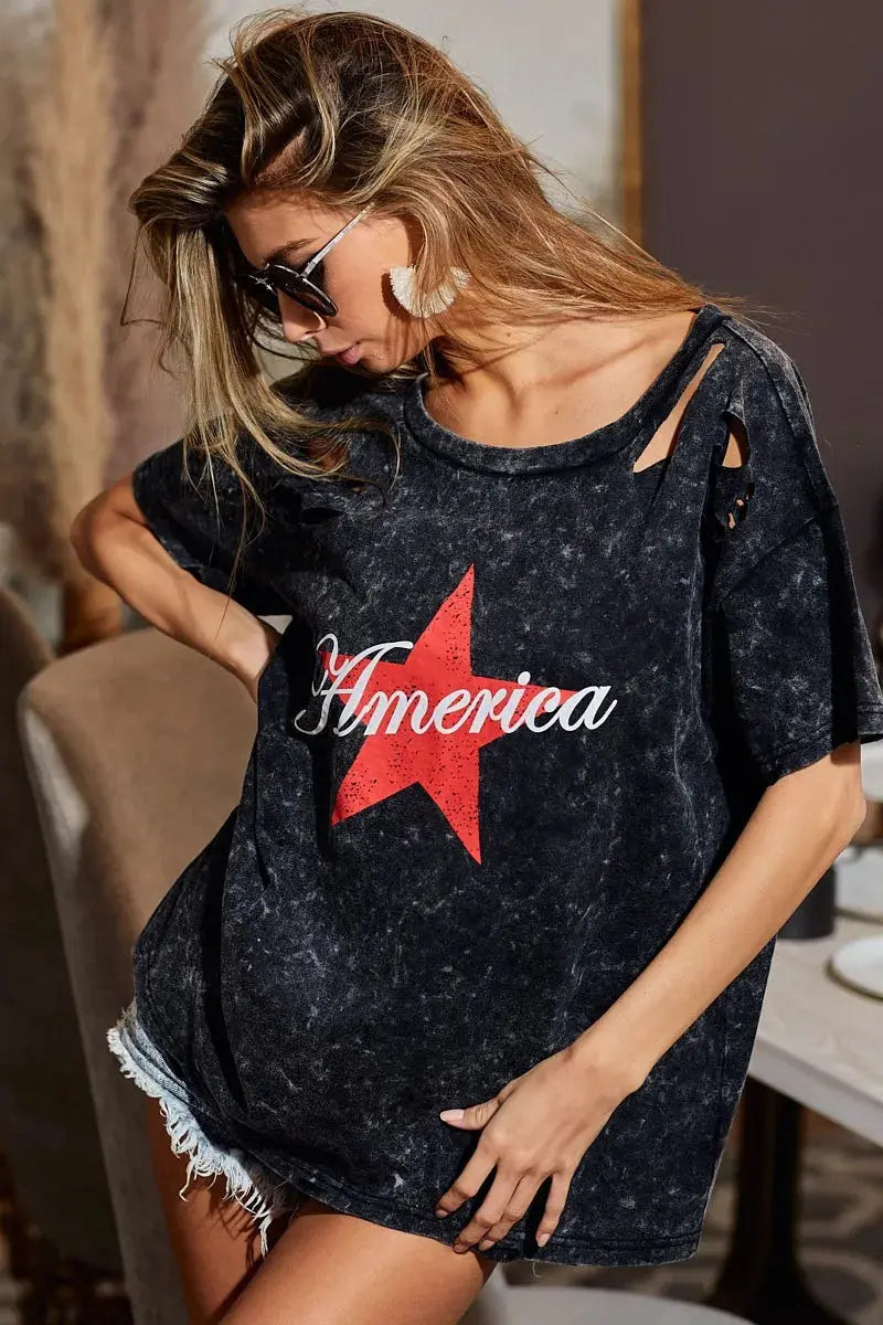 Women's Top - Laser Cut Mineral Wash - Jersey T-Shirt