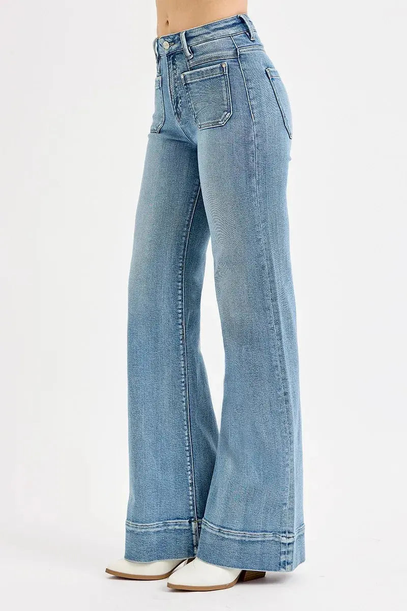 Jeans - High Rise Plus Size Patch Pocket - Wide Flare Denim