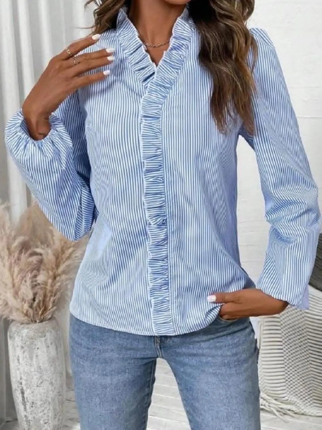 Trendsi Shirts - Frilly striped v-neck blouse - Premium Quality