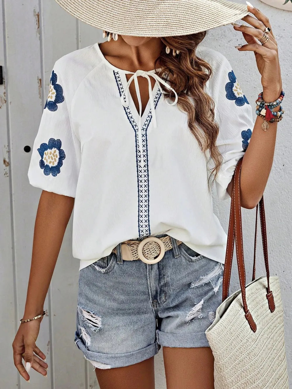 V-Neck Solid Color Loose Long Sleeve Top – Embroidered Tie Detail