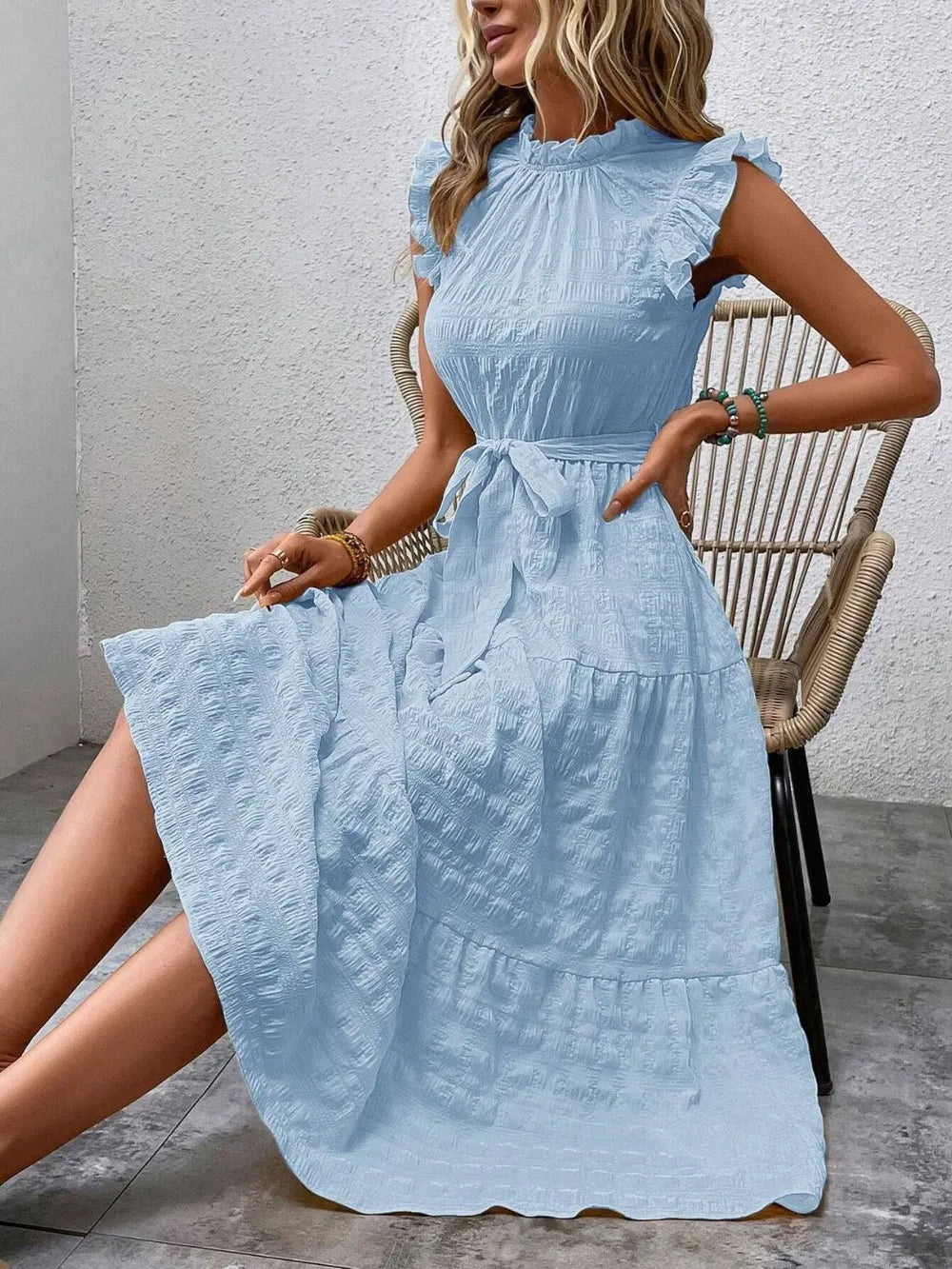 Tied Ruffled Cap Sleeve Midi Dress – Feminine Flowy Style