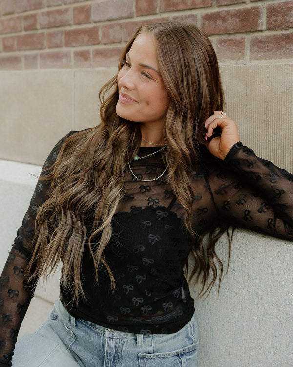 Black Bow Pattern Long Sleeve Slim Fit Mesh Top