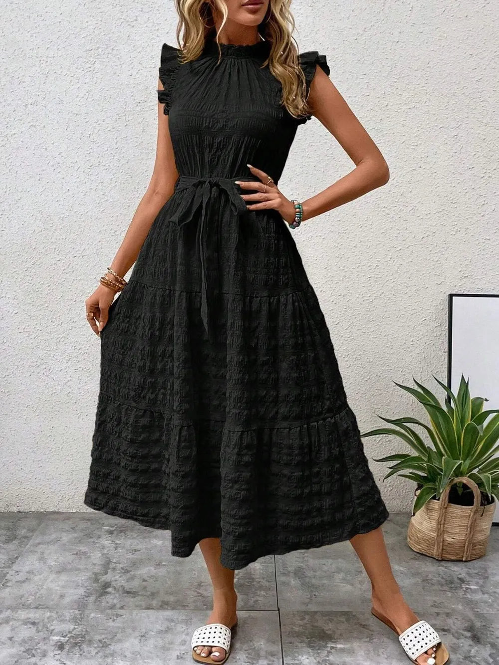 Tied Ruffled Cap Sleeve Midi Dress – Feminine Flowy Style