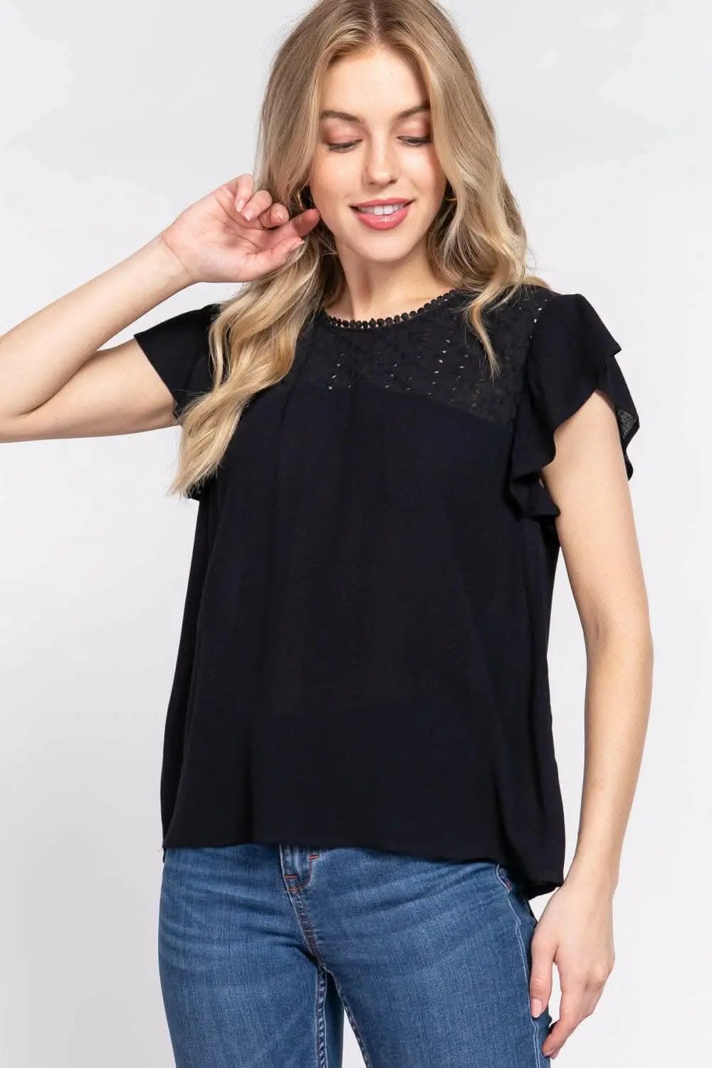 Trendsi ACTIVE BASIC Ruffle Short Sleeve Crochet Blouse - Women's Fash