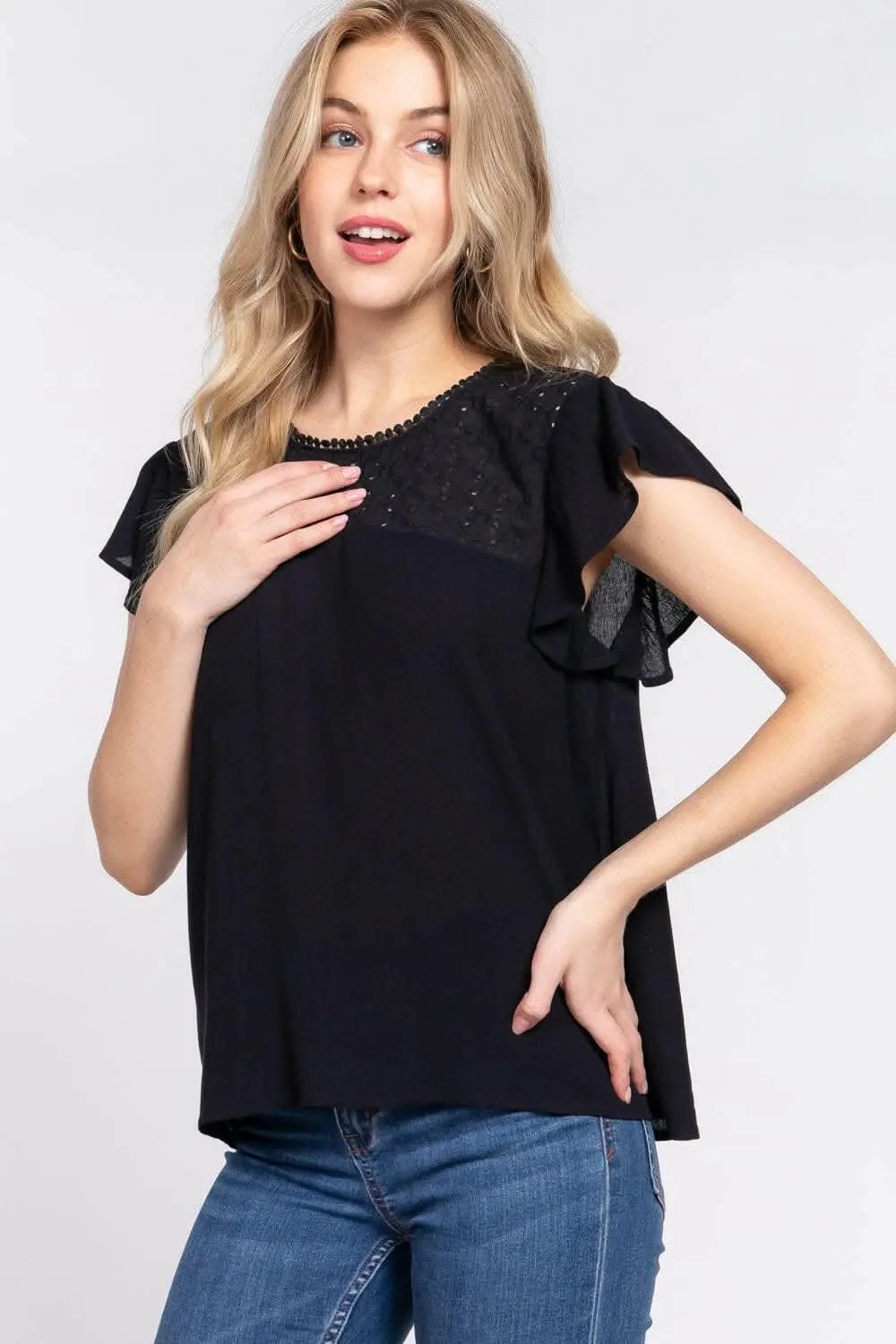 Trendsi ACTIVE BASIC Ruffle Short Sleeve Crochet Blouse - Women's Fash