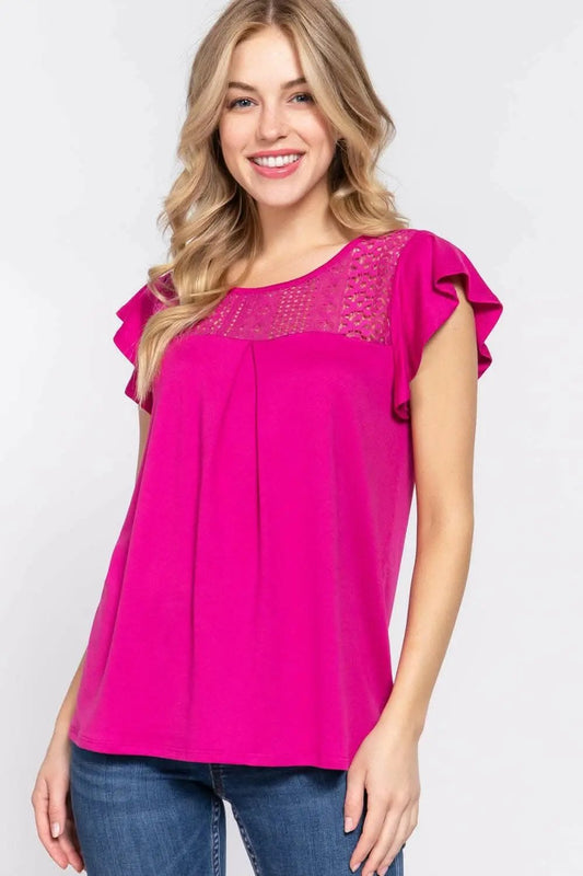 Trendsi Ruffle Knit Top Blouse Magenta Small Lace Detail