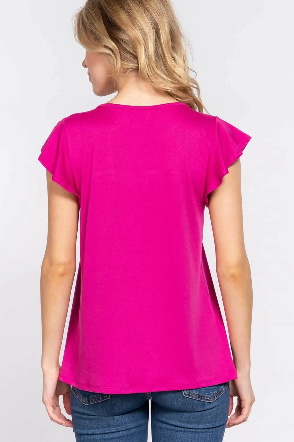 Trendsi Ruffle Knit Top Blouse Magenta Small Lace Detail