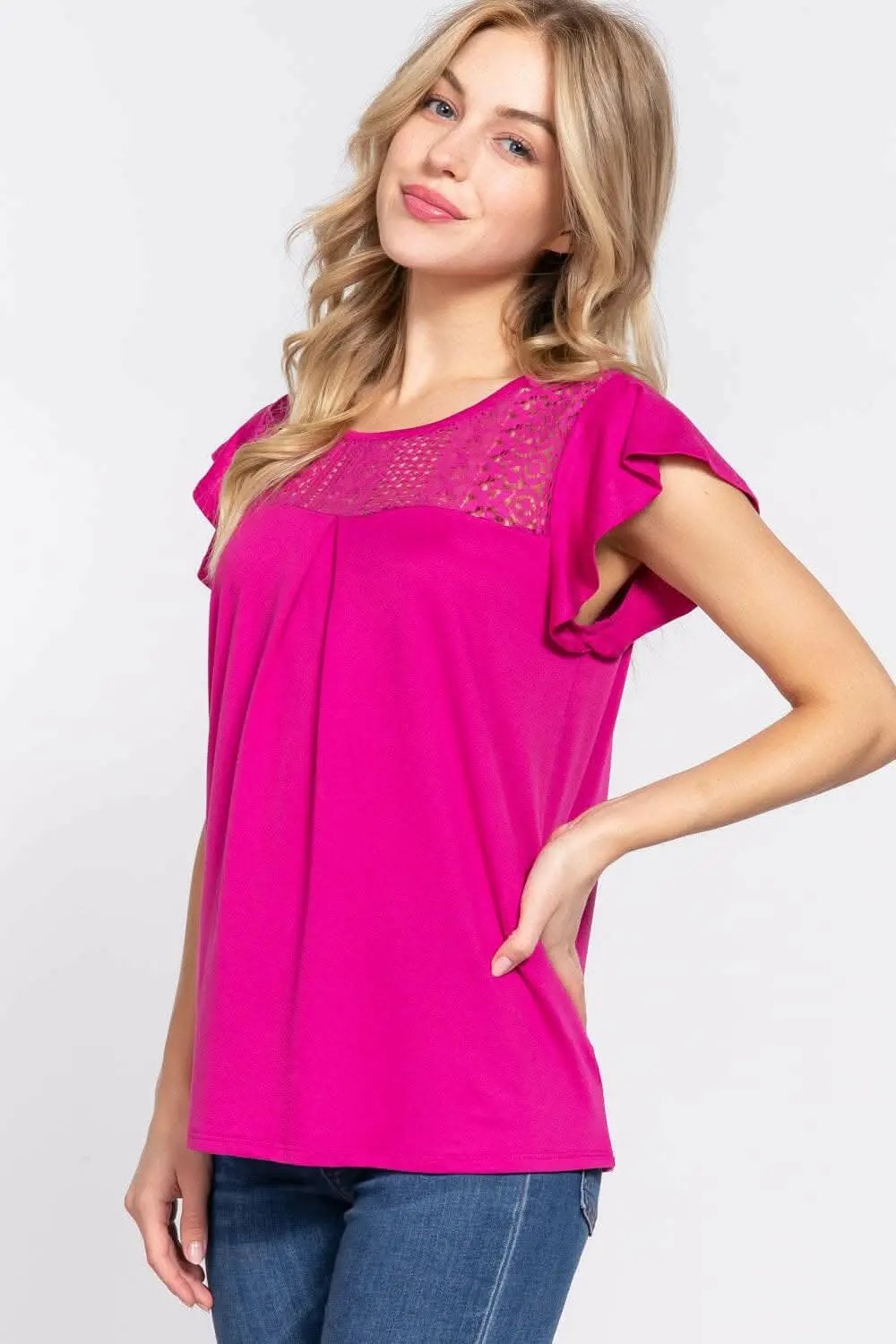 Trendsi Ruffle Knit Top Blouse Magenta Small Lace Detail