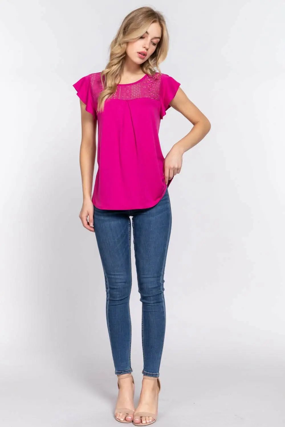 Trendsi Ruffle Knit Top Blouse Magenta Small Lace Detail