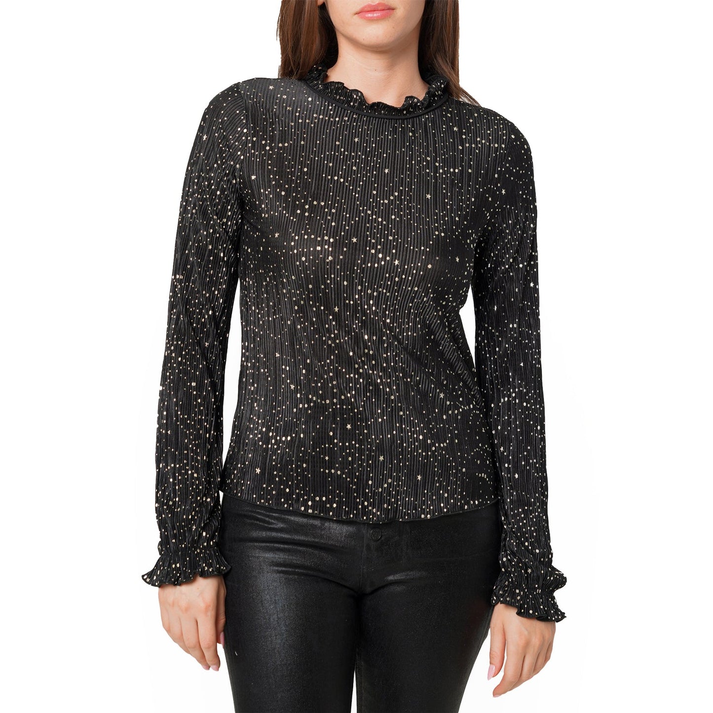 Women's Long Sleeve Mock Neck Lettuce Edge Top In Black Gold