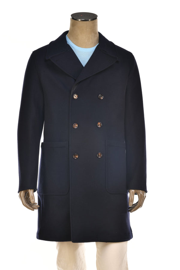 Kired Gyala Solid/ Pinstripe Nylon-Virgin Wool Double-Breasted Reversible Overcoat