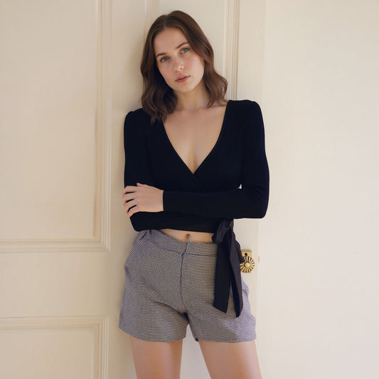 Women's Wrap Front Tie Ribbed Crop Knit Top In Black