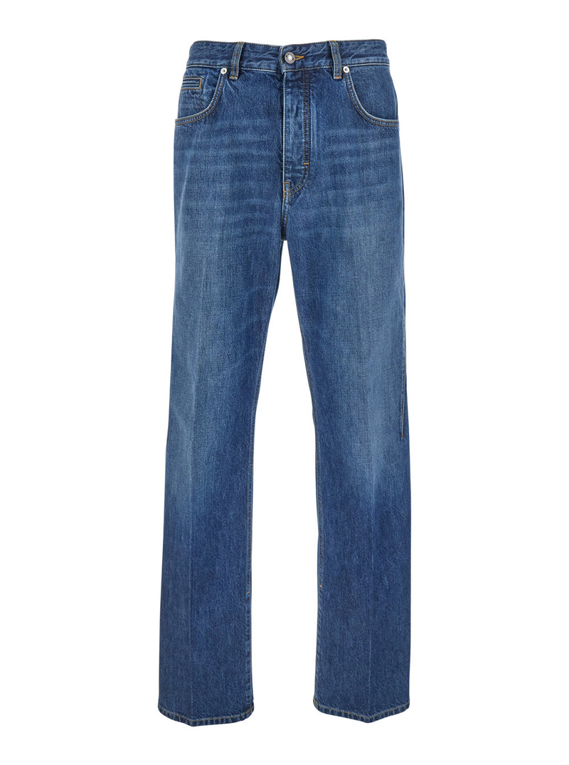 Blue Five-Pocket Jeans With Logo Patch
