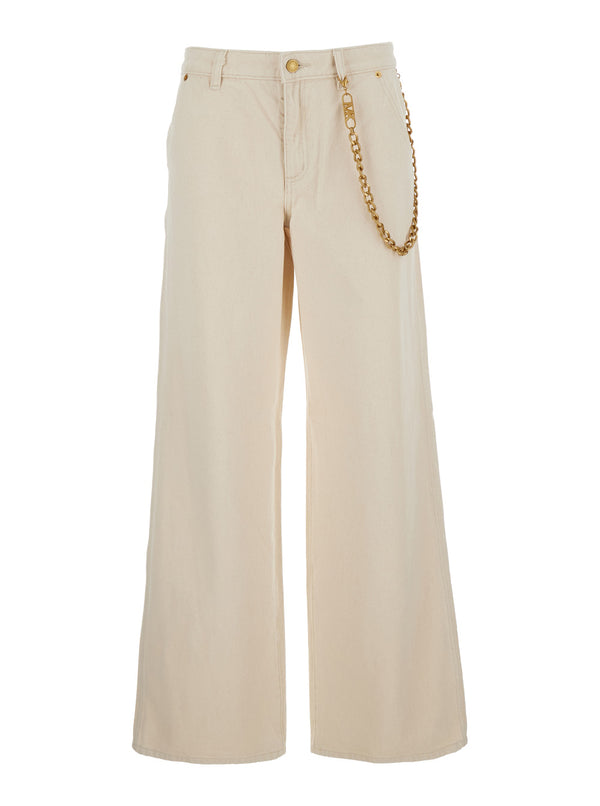 Beige Wide Leg Jeans With Chain Detail