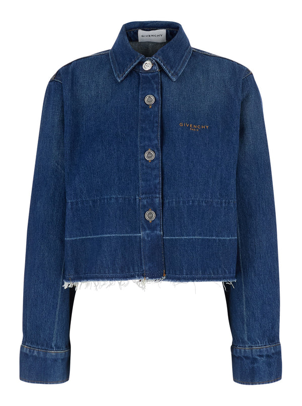 Cropped Denim Jacket with Fringed Hem