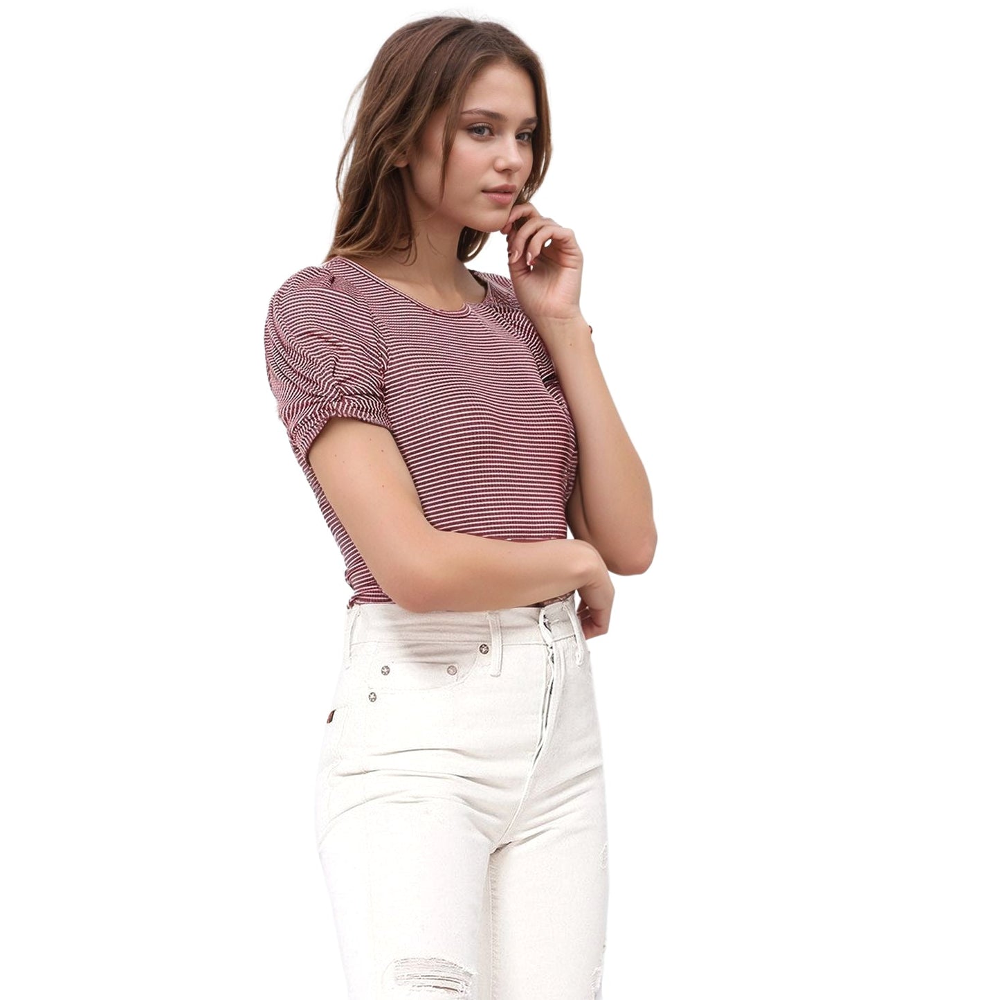 Women's Gathered Short Sleeve Stripe Knit Top In Brick Cream