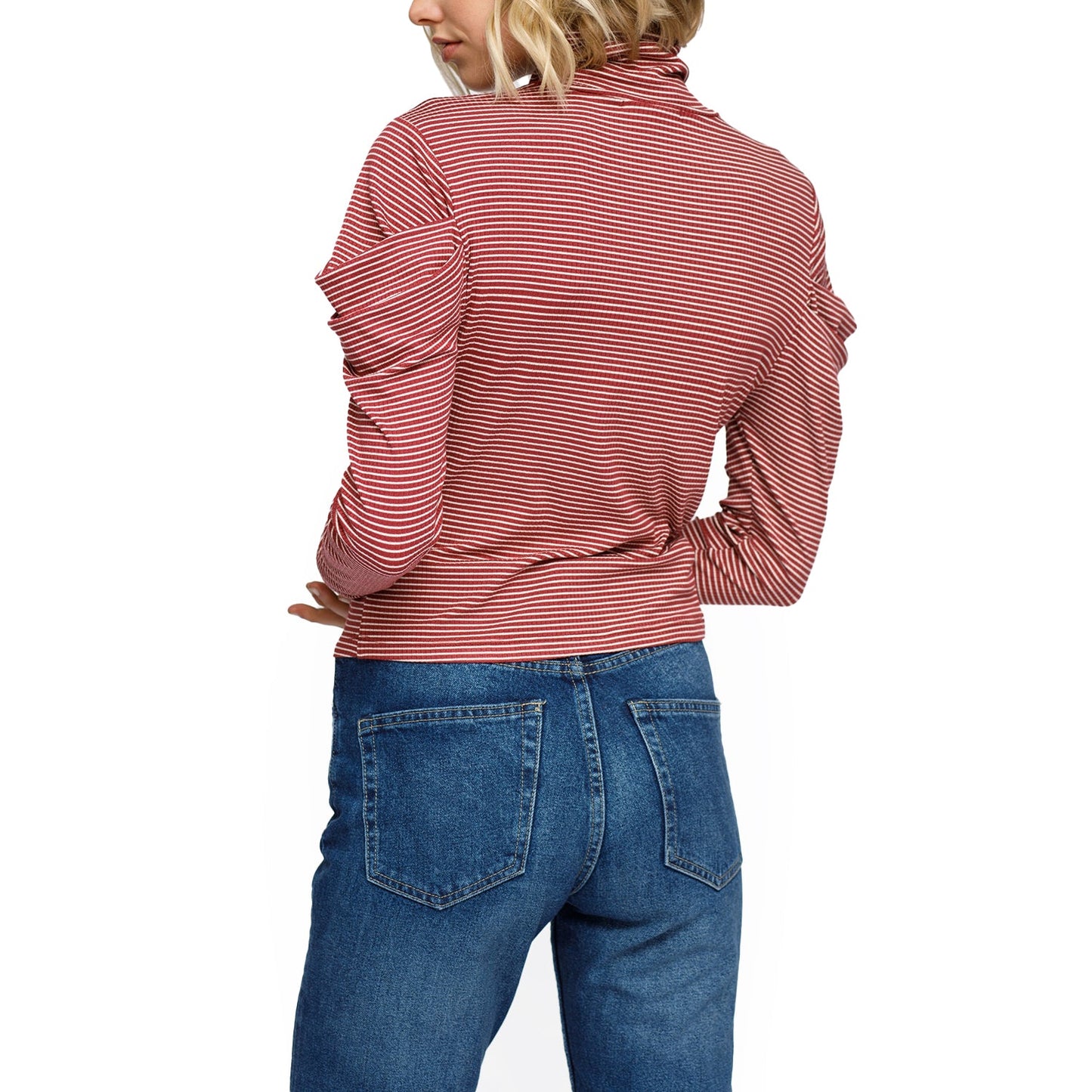 Women's Turtle Neck Puff Sleeve Stripe Knit Top In Brick