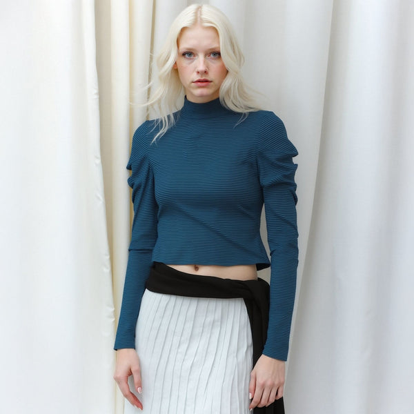 Women's Turtle Neck Puff Sleeve Stripe Knit Top In Teal