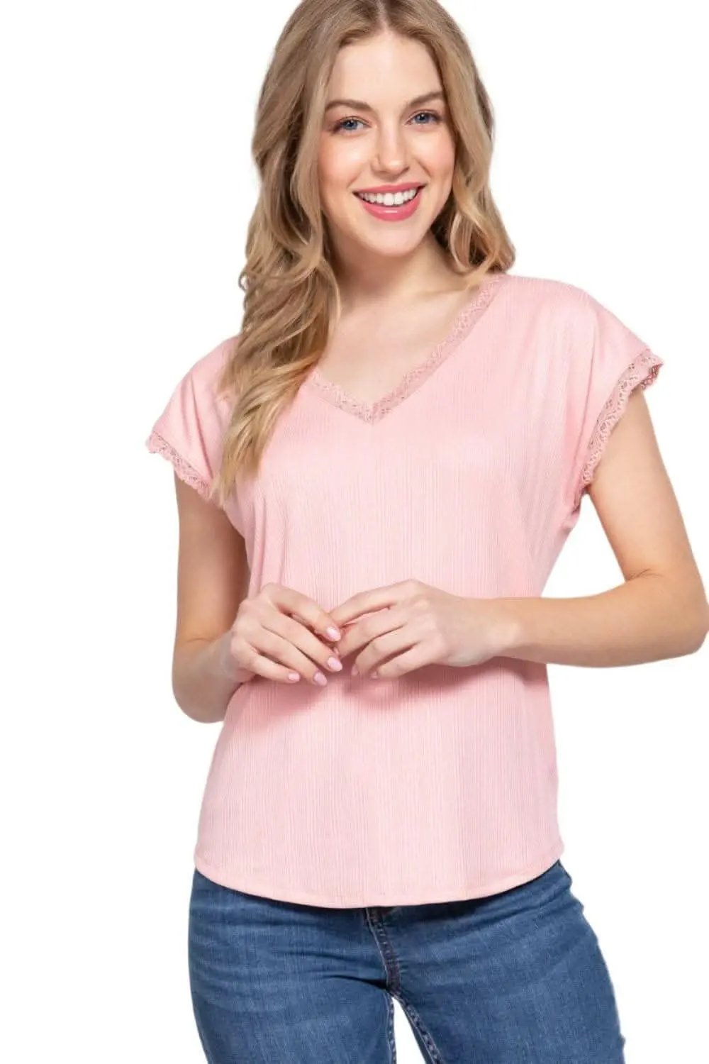Trendsi Active Basic Lace Trim V-Neck Top - Women's Casual Blouse