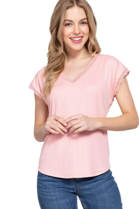 Trendsi Active Basic Lace Trim V-Neck Top - Women's Casual Blouse